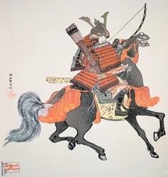 A régi japán szamuráj íjjal és nyilakkal felfegyverkezve (színes litho)