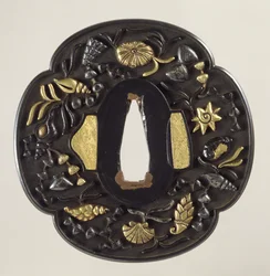 "Tsuba" kardőr, Edo-korszak 1615-1868, japán (berakásos bronz)