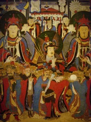 Buddha és bódhiszattva őrzőik kíséretében, tekercskép, Csoszon-kor (1392-1896), Korea. Koreai Nemzeti Múzeum, Szöul, Koreai Köztársaság