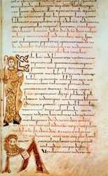 Szent Máté; M betű (Szent Márk oroszlánjának feje). Oldal: „” Sacramentary of Gellone”, 42. fólió. Dávid, 790. vers, Franciaország, Meaux vagy Cambrai. BN, Párizs