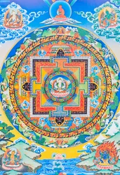 Chenresi mandala; a középső figura az együttérzés Buddháját, Amitava Buddha égi megnyilvánulását ábrázolja, mindig közel a szenvedő lényekhez (guache a ruhán)