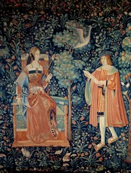 A seigneurial élet függönye: udvarias szerelmi jelenet. Részlet. Hollandiában 1520 körül készült gyapjú és selyem kárpit. Párizs, Középkori Nemzeti Múzeum, Thermes de Cluny