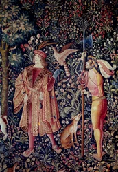 Kilógni a seigneuri életből: vadászni indulás. Részlet. Hollandiában 1520 körül készült gyapjú és selyem kárpit. Párizs, Középkori Nemzeti Múzeum, Thermes de Cluny