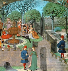 Harl 4425 f.12v Kerti jelenet, Oyseuse szeretője és hölgye (Tétlenség) a kert falain kívül, a "Roman de la Rose"-ból, Bruges, 1490-1500 körül (vellum)