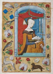 Kings 9, f.62v Dicséret Szent Margitnak. A szent, bal kezében kereszttel, baldachin alatt áll és olvas, mögötte egy sárkánnyal. Trompe l