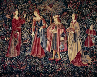 A Seigneuriale Life függöny: séta Gyapjúból és selyemből 1520 körül készült gobelin Hollandiában. V 2,6x3,7 m Párizs, Középkori Nemzeti Múzeum, Thermes de Cluny