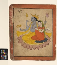 Visnu Laksmival lótuszon, 1780 körül (átlátszatlan akvarell papíron)