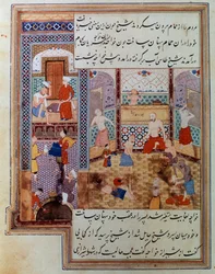Férfiak csoportja hammamban. Perzsa miniatűr a 2743-as kéziratból, Paris, B.N.