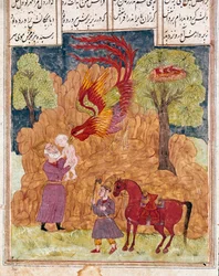 Iszlám művészet: a mesés Simurgh madár, amely a főnixhez hasonlít, viszi Zalt, Siyam király fiát, akit a hegyekben hagytak el, mert nem albínó. Perzsa miniatúra a „Shahnameh” (Shah Nama, Shahnama), a Királyok könyve című eposz kéziratából