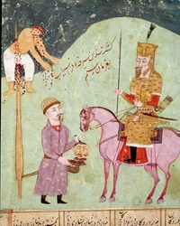 Iszlám művészet: egy ellenséget karóba húznak és lefejeznek. Perzsa miniatúra a Firdauszí (Firdawsi, vagy Ferdawsi, vagy Firdousi, ca. 940-körülbelül 1020) által írt „Sáhnáme” (Sáh Náma, Sáhnáma) (Királyok könyve) című epikus költemény egyik kéziratából.