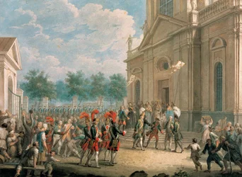 II. Katalin (1729-1796) a kazanyi székesegyház (Szentpétervár) lépcsőjén, a papság üdvözölte trónra lépésének napján, 1762. június 28-án. (II. Katalin a kazanyi székesegyház lépcsőjén, köszönt a papság által az o. napon
