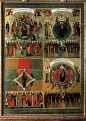 "Benned örvend minden teremtés" (In The Joice) orosz ikon. 16. századi festmény fára A Kreml-székesegyház, Moszkva
