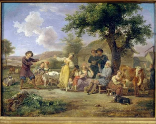 Parasztünnepek. Névtelen festmény, olaj, vászon, 18. század második fele. 18. századi orosz művészet. Állami Tretyakov Galéria, Moszkva.