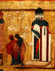 Ikon, amely azt ábrázolja, hogy Joachim és Anna ajándékait elutasítják gyermektelenségük miatt, 1550 körül (tempera és aranylevél a panelen) (314500 részlet)