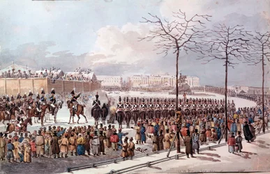 1825-ben a Dekabristák lázadása (dekabristák) I. Miklós jövőjében, hogy új alkotmányt szerezzenek. Metszet 1830-ból. Szentpétervár. Ermitázs Könyvtár