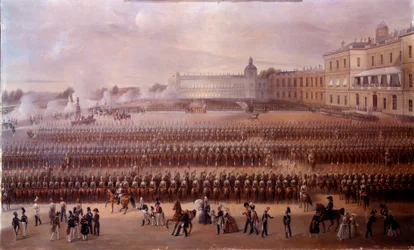Az I. Pálnak szentelt emlékmű felavatása 1852-ben Gatchinában I. Miklós uralma alatt (Oroszország). Az orosz iskola festménye. Szentpétervár, Chateau De Peterhof