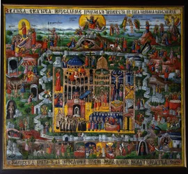 Jeruzsálem (Izrael). A Szentföld városának ábrázolása, a Názáreti Jézus életének a Bibliában leírt helyeivel (templomba való felemelkedés, szenvedés, keresztre feszítés és feltámadás), valamint a Szent Sír-templom (vagy a Bazilika) R