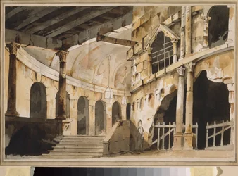 A börtön. Előkészítő dekoráció egy színdarabhoz. Orosz mester munkája, 1790 körül, akvarell papíron. 18. századi orosz szcenográfiai művészet. Museum Palace Ostankino, Moszkva.