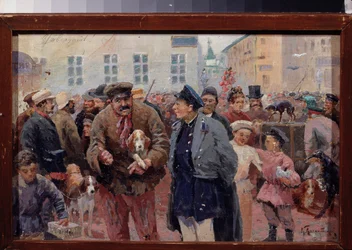Az állatpiac a moszkvai Trubnaya téren. (A tömeg a ketrecek és a kisállat-árusok között). Orosz mester munkája, olaj, vászon, 19. század második fele. Állami Központi Irodalmi Múzeum, Moszkva.