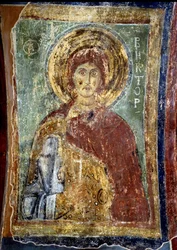 ""A Szent Győztes vértanú"" orosz ikon. 11. század. Szent Szófia-székesegyház, Kyiv, Ukrajna
