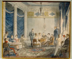 Az Olenin család nappalija Priyutinóban (Oroszország). (The Salon Of Olenin Family In Priyutino). Művészeti és irodalmi találkozó Alekszej (Alekszin) Nyikolajevics Olenin (1778-1836) tudós és államférfi rezidenciájában, Szentpétervár közelében, akinek f