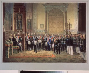 Nyikolaj Alekszandrovics Romanov orosz cár (1843-1865) hűségesküje a hadsereg templomában. Orosz mester munkája, akvarell papíron
