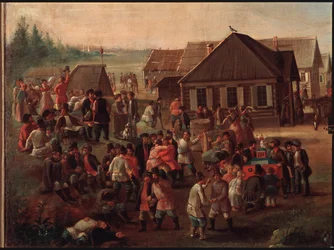 Nyilvános ünnepségek Alekszejevszkoje faluban. Orosz mester festménye, olaj, vászon, 19. század közepe. Állami Tretyakov Galéria, Moszkva.