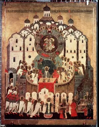 ""Liturgia. Az arkangyalok szinaxisa"" orosz ikon. Festmény fára a 16. századból. Állami Tretyakov Galéria, Moszkva