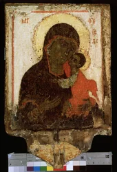 "" Szűzanya (Our Lady) of Tenderness"" vagy ""Szűz Eleusza (Eleousa)"" orosz ikon. Festészet a 14. század végéről, a 15. század elejéről. Szentpétervári Állami Orosz Múzeum