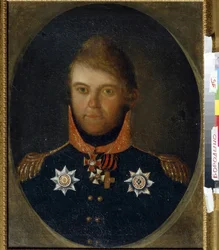 Dmitrij Petrovics Neverovszkij portréja (1771-1813). Orosz katonatiszt egyenruhába öltözött, tiszteletbeli kitüntetései közé tartozik a Szent György-kereszt (fehér kereszt narancssárga és fekete szalaggal), a Szent Vlagyimir-rend érme (kereszt r).