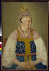 Egy kereskedő feleségének portréja, a hagyományos kokoshnik fejdíszével. (Egy kereskedő nő portréja a Kokoshnik Kabluchokban). A hagyományos, hímzéssel díszített orosz ruhát (sarafane) viseli, csipkeujjú blúzzal, fejdíszével