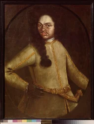 Az I. Pierre-ezred (1672-1725) újoncainak egyenruháját viselő férfi portréja. Névtelen festmény, olaj, vászon, 18. század eleje. orosz művészet. Állami Kerámiai Múzeum és 18. századi Vidéki birtok. Kuskovo, Moszkva.