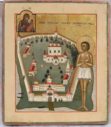 Saint Jacques de Borovichi (mort en 1540), thaumaturge de Novgorod et le monastere Iversky sur le lac de Valdai – Borovichi Szent Jakab, Novgorod csodatevője a Valdai Iverszkij-kolostor orosz ikonjával, 19. század eleje. - Tempera a panelen - St