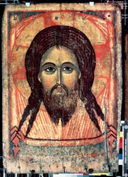 ""Saint Mandylion"" Krisztus arcának ábrázolása fátyolra nyomtatva (szent arc). Orosz ikon. Festmény fára a 14. század végi Állami Tretyakov Képtár, Moszkva