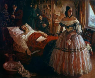 Alekszandr Puskin (Pushkin) (1799-1837) orosz költő halálos ágyán, felesége, Natalja Goncsarova (Goncharova) és barátai körében. Az orosz iskola névtelen festménye. 1837. Ermitázs, Szentpétervár