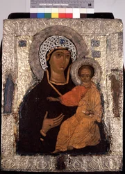 ""Vierge Hodegetria (Hodigitria) "" Icone russe. Peinture sur bois du 14eme siecle. Szent Sergius Szentháromság-lavra Állami Szabadtéri Múzeuma, Szergyev Poszad