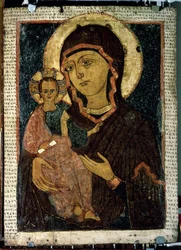""Szűz Hodegetria (Hodigitria)"" Szűz Mária és a gyermek Jézus, akinek glóriáját kereszt jelöli. Orosz ikon. Festészet a 13. század végéről. Állami Tretyakov Galéria, Moszkva