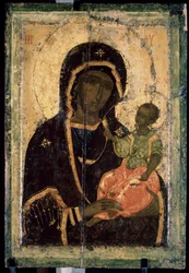 ""Szűz Hodegetria (Hodigitria)"" orosz ikon. Festészet fára. 1360 körül. Állami Tretyakov Galéria, Moszkva