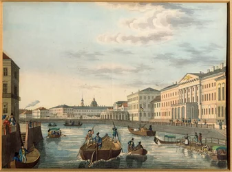 Kilátás a Fontanka folyóra Szentpéterváron. Névtelen mű, Litográfia, vízfestékkel színezett, 1820 körül. Orosz művészet