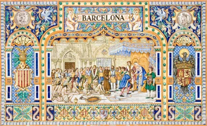 Kolumbusz Kristóf érkezése Barcelonába 1493-ban II Ferdinánd király és I. Izabella kasztíliai királynő udvarában (kerámiacsempék).