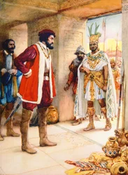 Hernan Cortes túszul ejti Montezumát 1519-ben (színes litó)