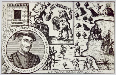 A spanyolok Juan de Grijalva vezetésével Yucatanban partra szállnak, és Maya harcosokkal harcolnak a champotoni csatában, 1518. május (litho)