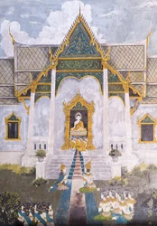 Freskó, amely Buddha életének egy jelenetét ábrázolja, Wat Phra That Doi Suthep templom