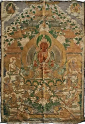 Amitabha (a tiszta föld buddhája) - Tibeti festészet, pigmentek és arany a szöveten, 19. század vége, 74x51 cm - (Amitayus Buddha Thangka, Tibeti kultúra, Pigmentek és arany a textílián, XIX. század vége) - Magángyűjtemény