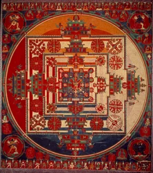 Mandala de Vajravarami, az istennő táncol (középen), nevének jelentése „” adamantine laie””. Tibet 19. század. Párizs, Musee Guimet