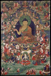 Shakyamuni Buddha - Tibeti kultúra - 18. század - Ásványi pigment a pamuton - 70,5x47 - Rubin Művészeti Múzeum, New York