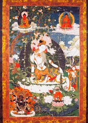 Ülő Avalokitesvara Padmapani bodhiszattva, tanka vagy thangka (buddhista zászló), tibeti civilizáció