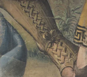 Gobelin-rajzfilm töredéke: Láb a buskinban, drapéria és növény, 1500-1550.