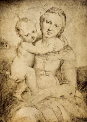 Madonna és gyermek, rajz a Raphael iskolából, Rajzok és Nyomtatványok kabinetje, Uffizi Galéria, Firenze