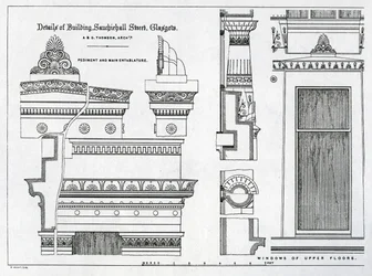 A Grecian Chambers építészeti részletei, 336-356 Sauchiehall Street, Glasgow, tervezte Alexander Greek Thomson, 1869